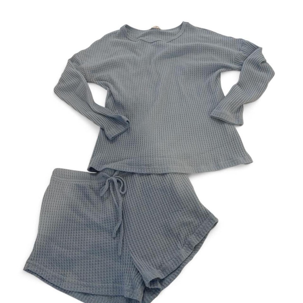 Ekouaer Womens Blue Waffle Knit Pajama Set Long Sleeve Top and Shorts Small